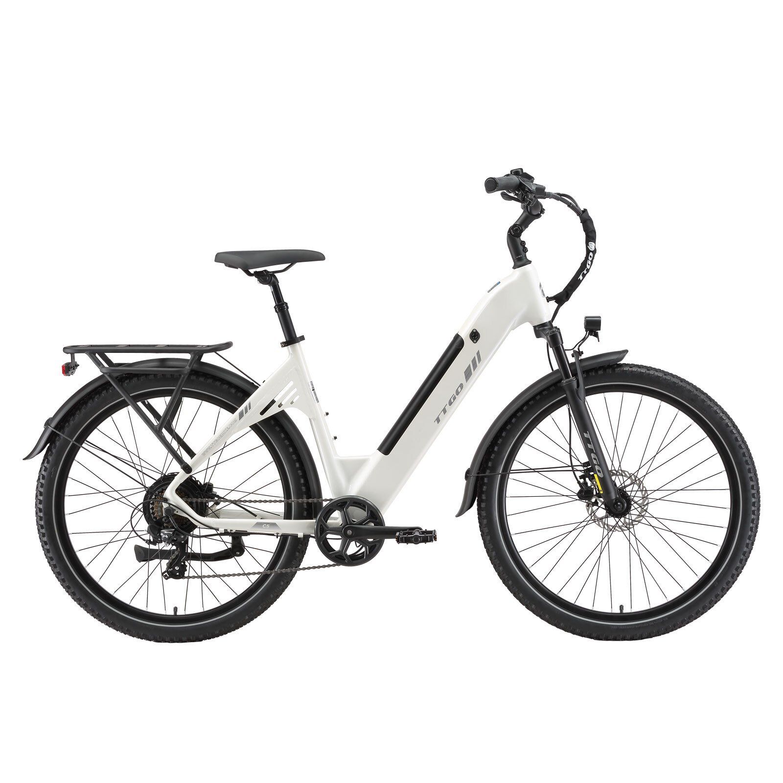 E-bike bianca con pneumatici e dettagli neri. Portapacchi, parafanghi e faro visibili.