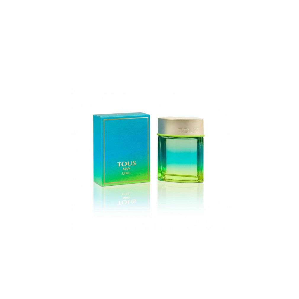 Flacone e scatola Tous Man Chill. Flacone quadrato, verde-blu. Scatola blu-verde con testo dorato. Tous Man Chill.