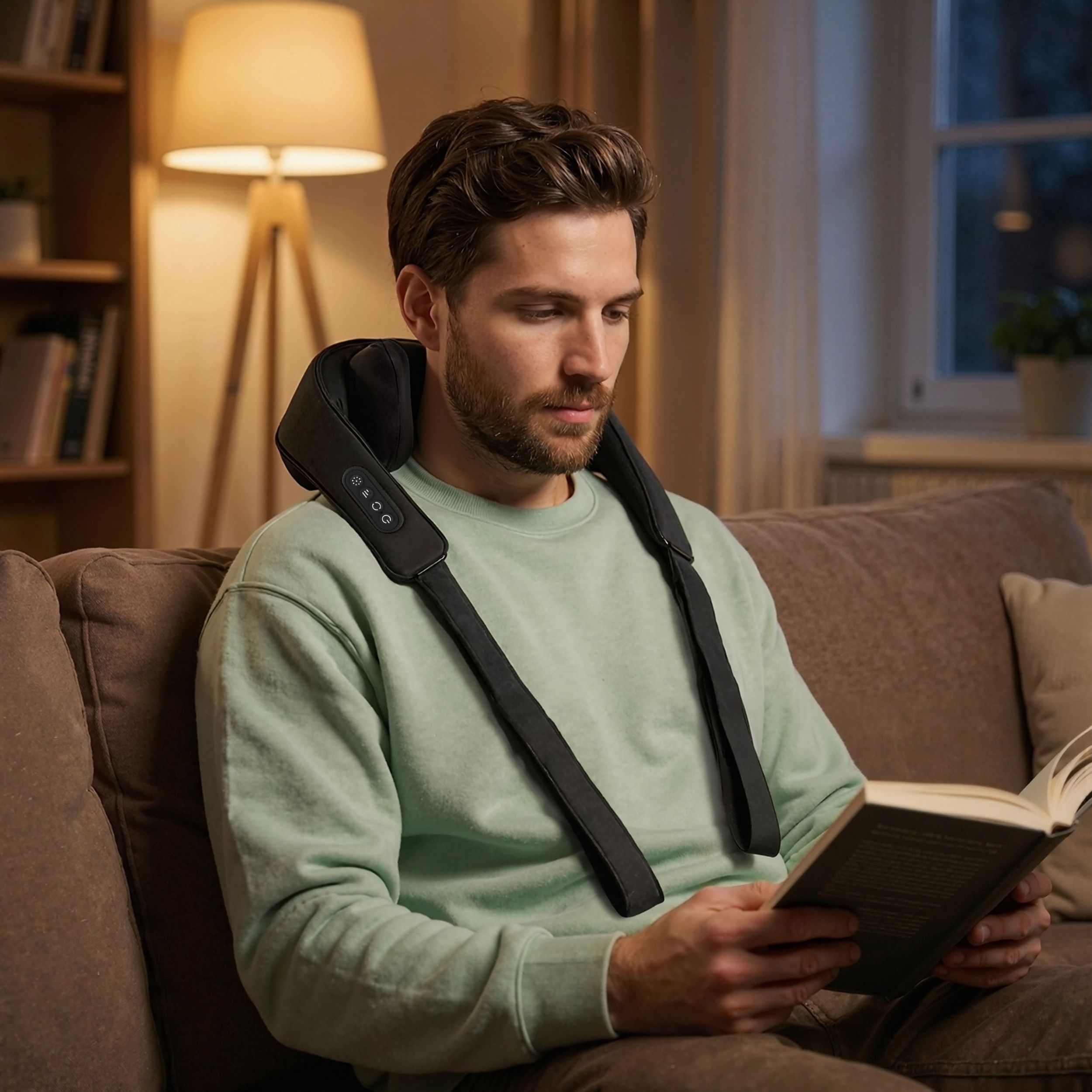 Uomo sul divano con massaggiatore per il collo. Sta leggendo un libro.