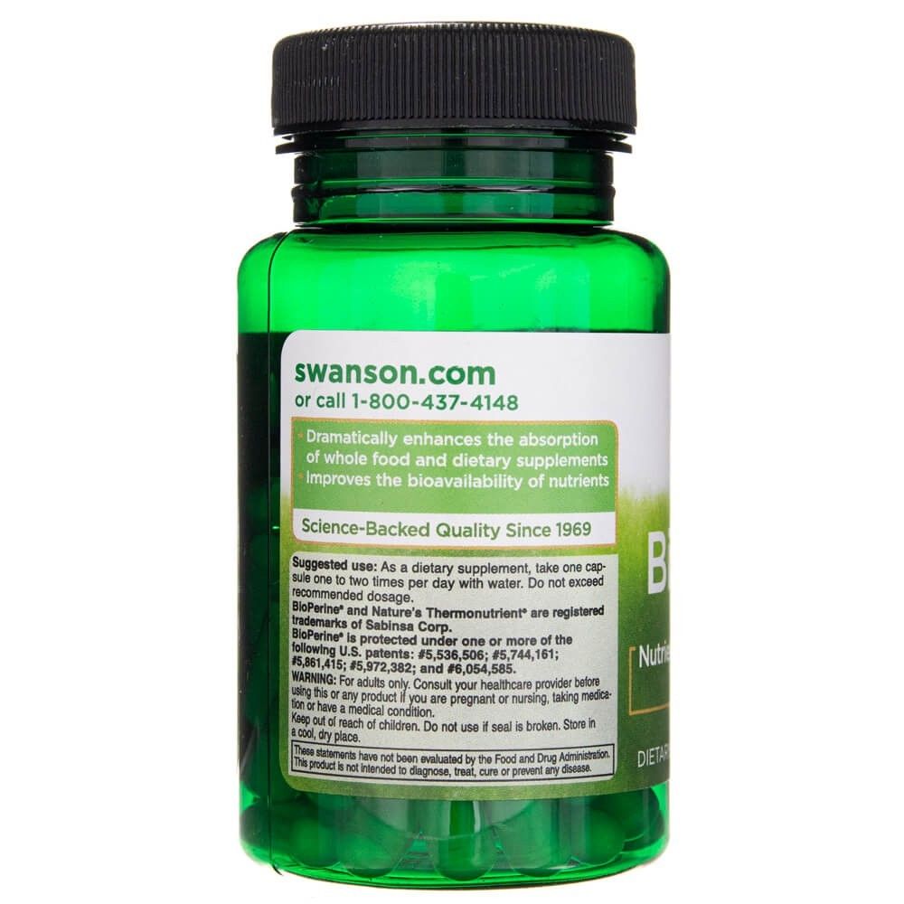 Retro di un contenitore Swanson BioPerine in capsule con informazioni sull'uso e l'origine.