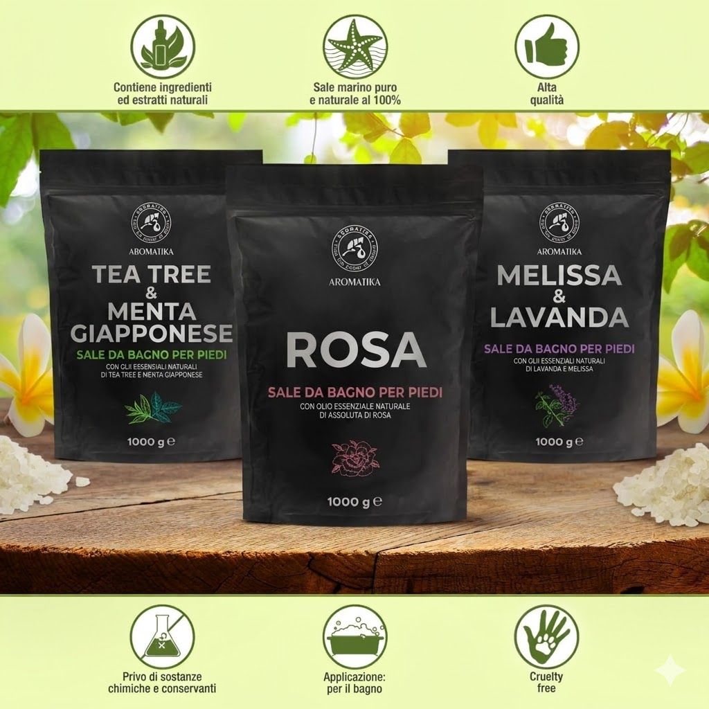 Tre sacchetti neri di sali da bagno per i piedi. Scritte: Tea Tree & Menta giapponese, Rosa, Melissa & Lavanda. Logo: Aromatica. 1000 g. Simboli.