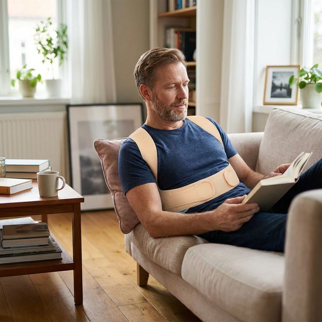 Uomo con correttore posturale beige. Seduto sul divano, legge un libro. Tazza di caffè sul tavolo. Soggiorno.
