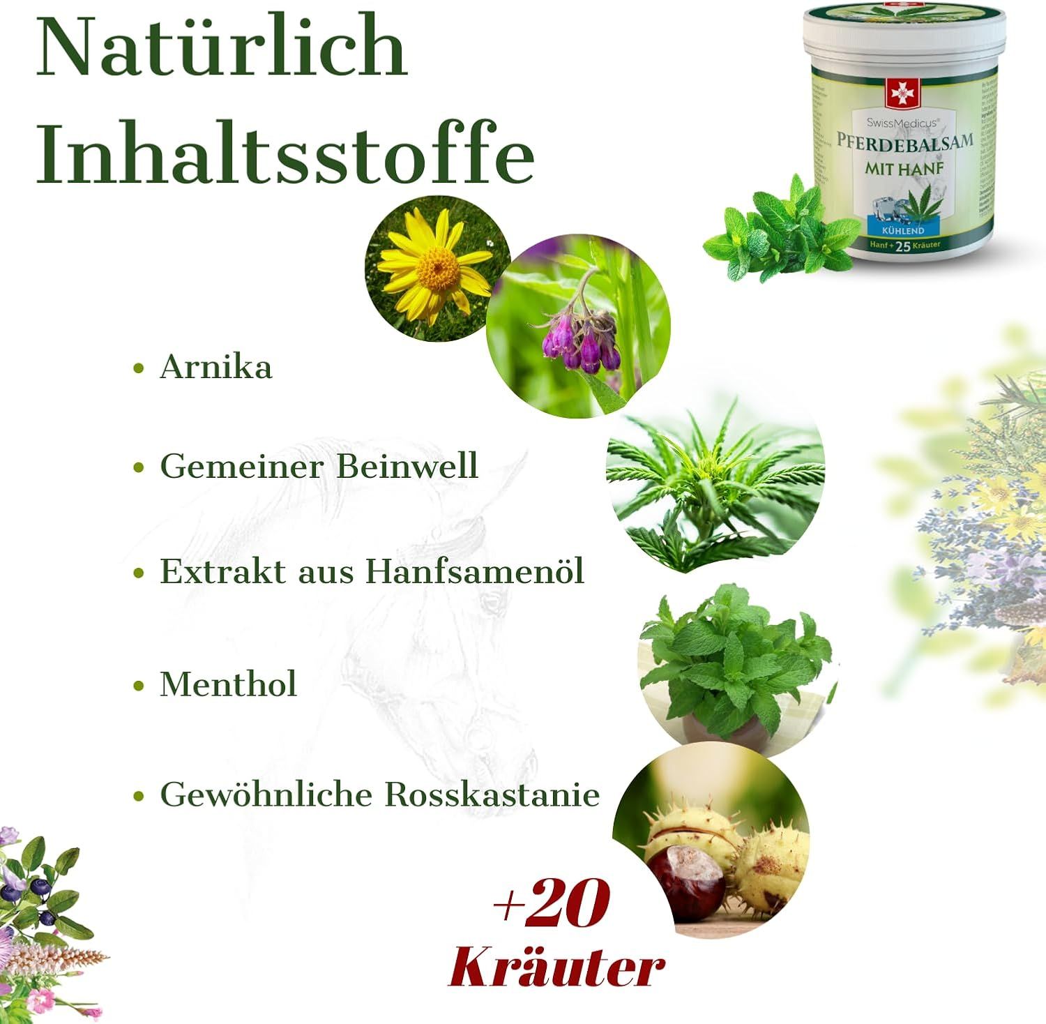 Varie erbe e piante. Accanto: SwissMedicus Pferdebalsam mit Hanf. Testo: Ingredienti naturali.