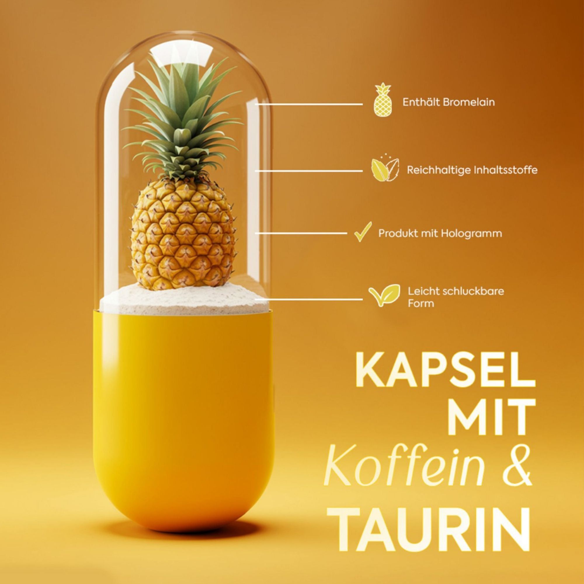 Capsula gialla con ananas e polvere bianca. Contiene bromelina, caffeina e taurina.