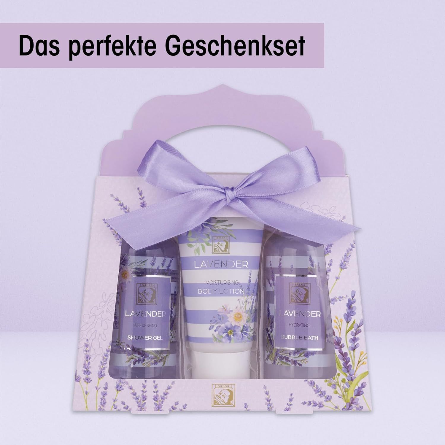 Set regalo con gel doccia, lozione corpo e bagno schiuma in confezione regalo. Scritta: Il set regalo perfetto.