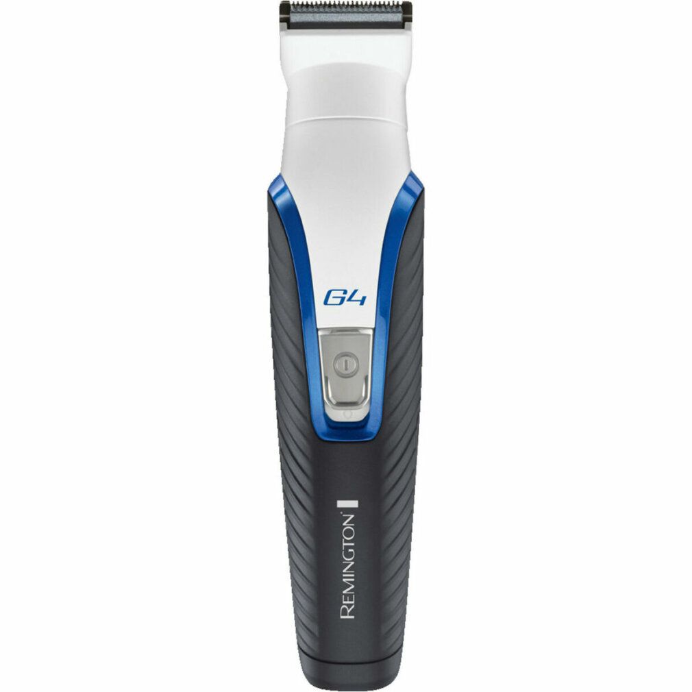 Tagliacapelli/barba nero, bianco e blu. Logo G4 e scritta Remington. Pulsante on/off. Testina di taglio in alto.