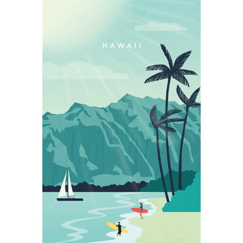 Paesaggio di Hawaii con montagne, palme, barca a vela e surfisti sulla spiaggia. Cielo soleggiato. Illustrazione.