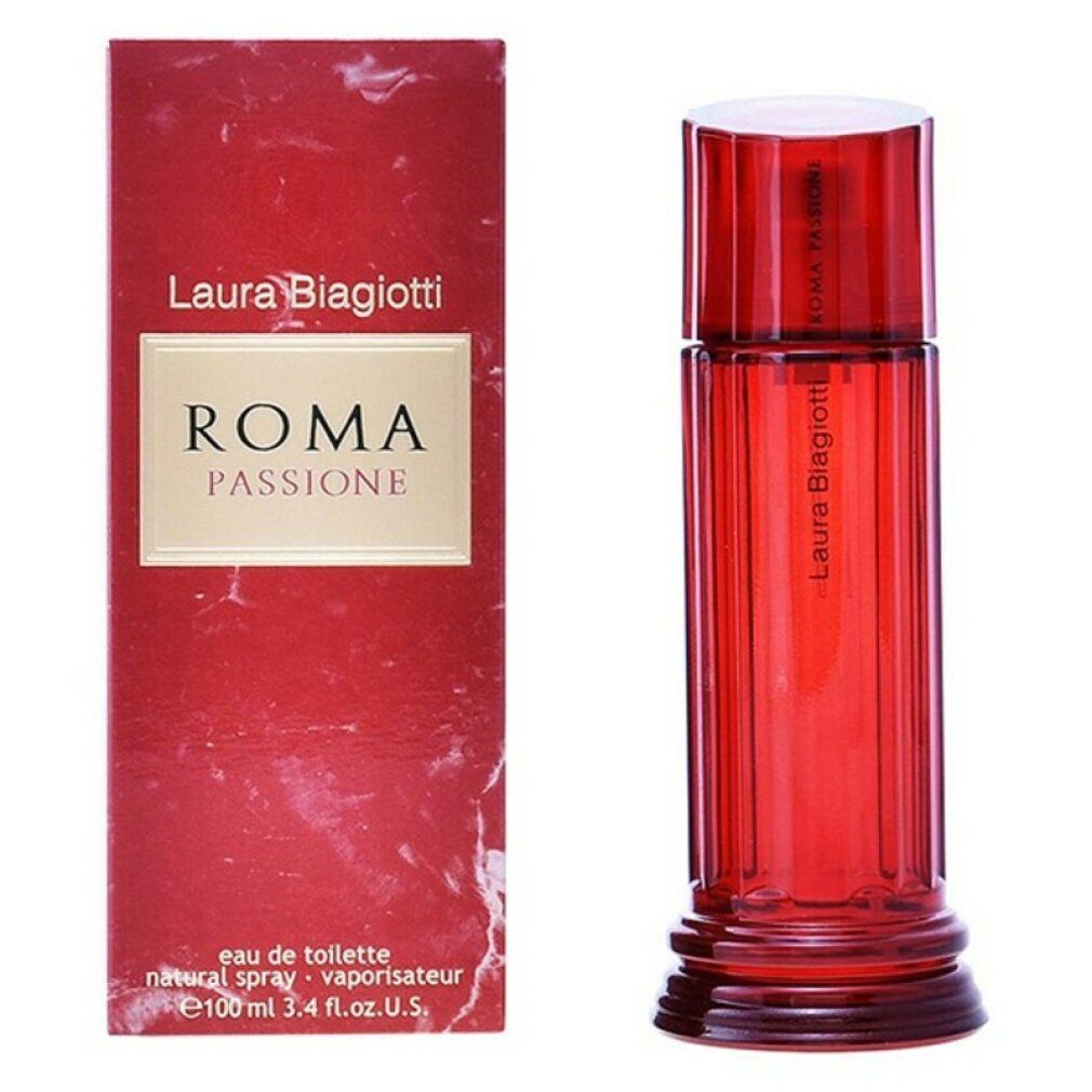 Flacone e confezione rossi Roma Passione di Laura Biagiotti. Flacone cilindrico. Confezione rossa con logo.