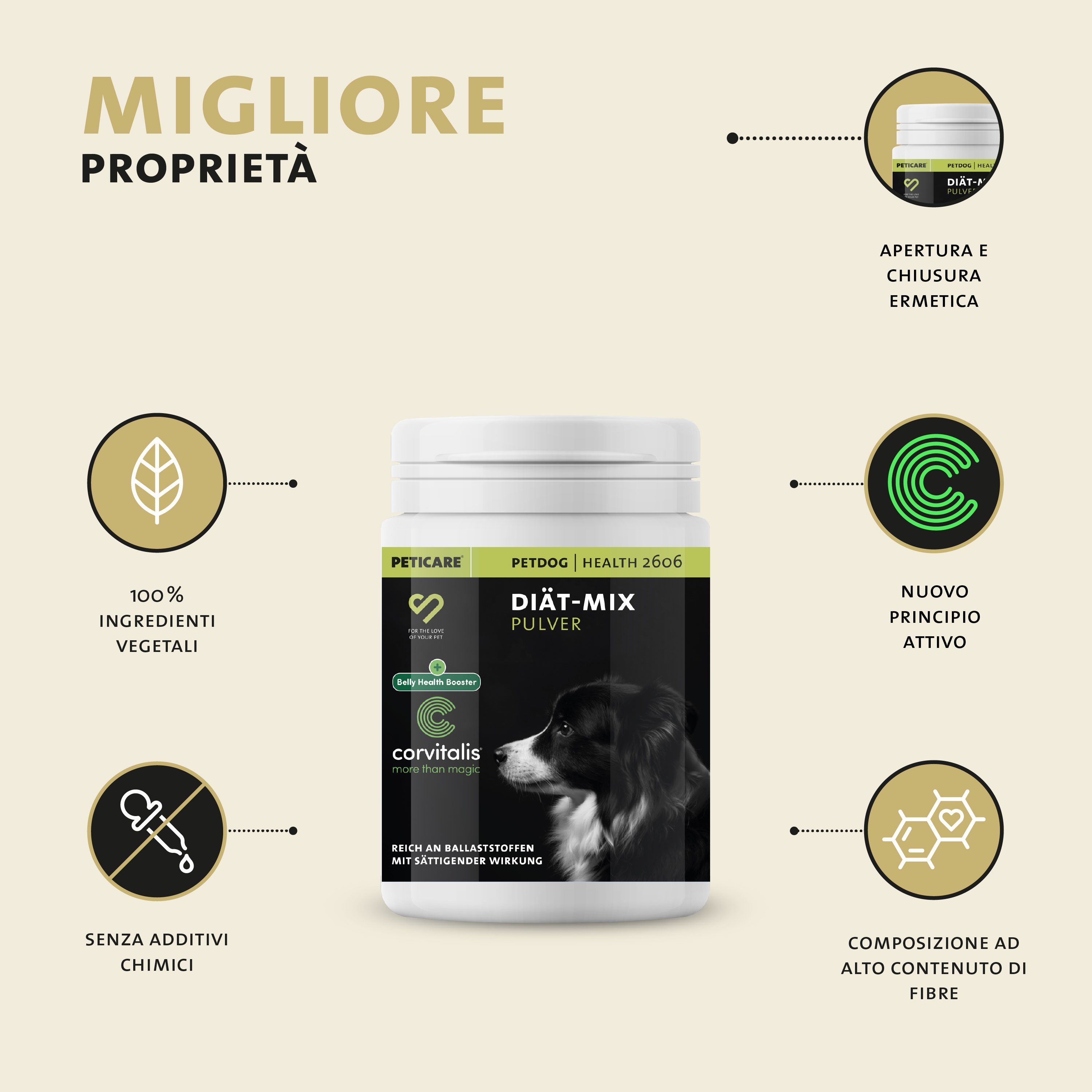 Cane mangia da ciotola, polvere dosata con misurino.