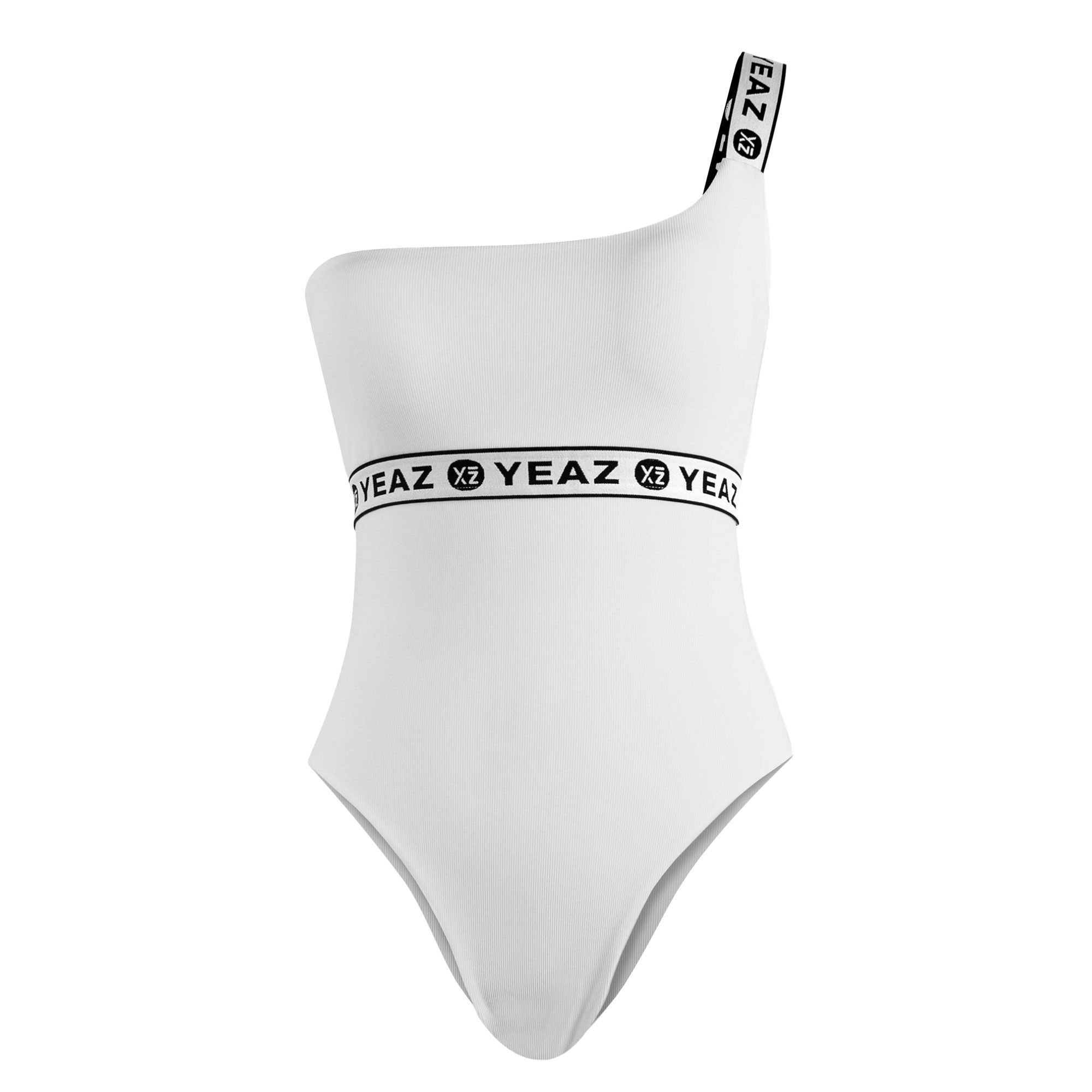 Costume da bagno bianco monospalla con fascia logo nera.