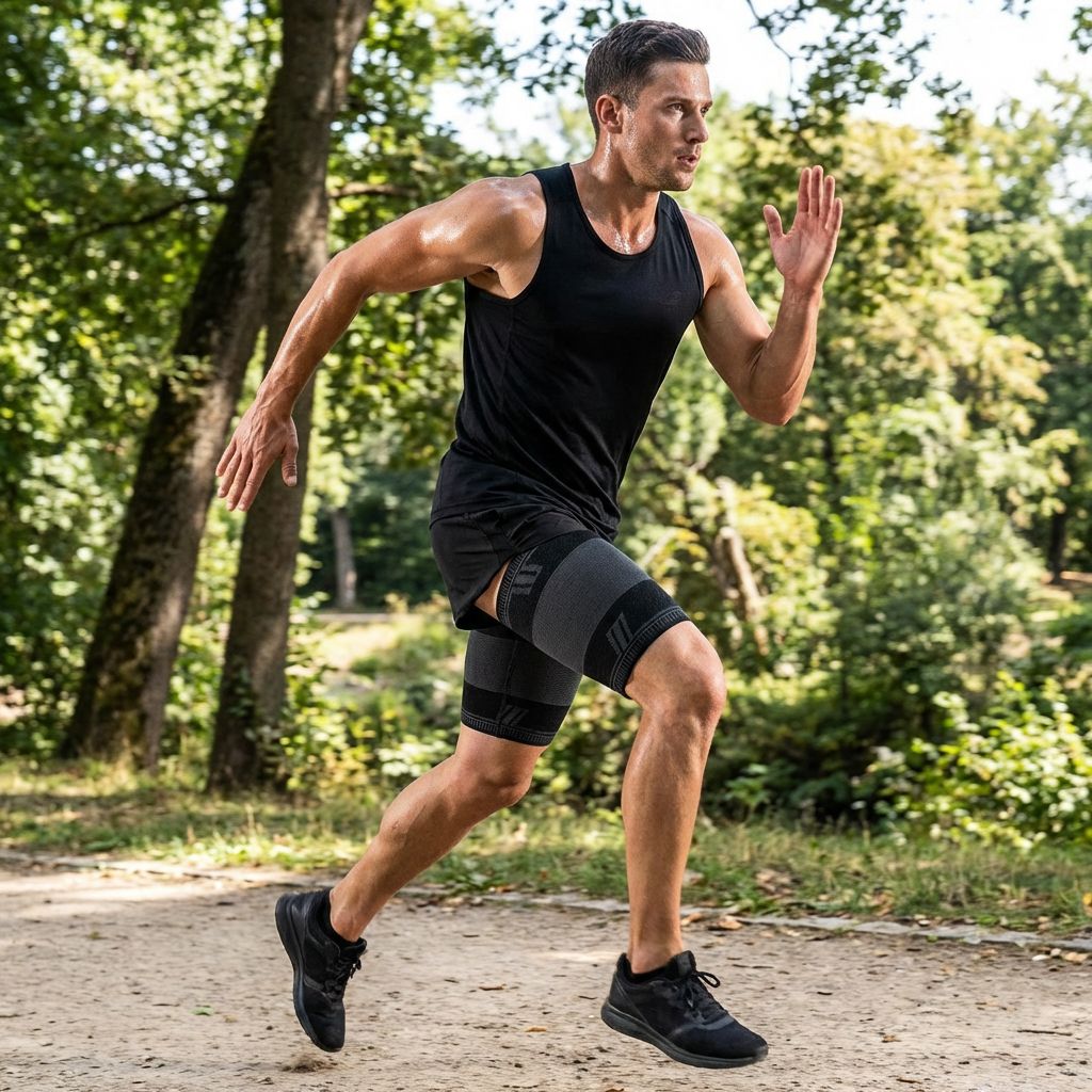 Uomo in abbigliamento sportivo che corre nel bosco. Indossa un bendaggio per coscia nero.