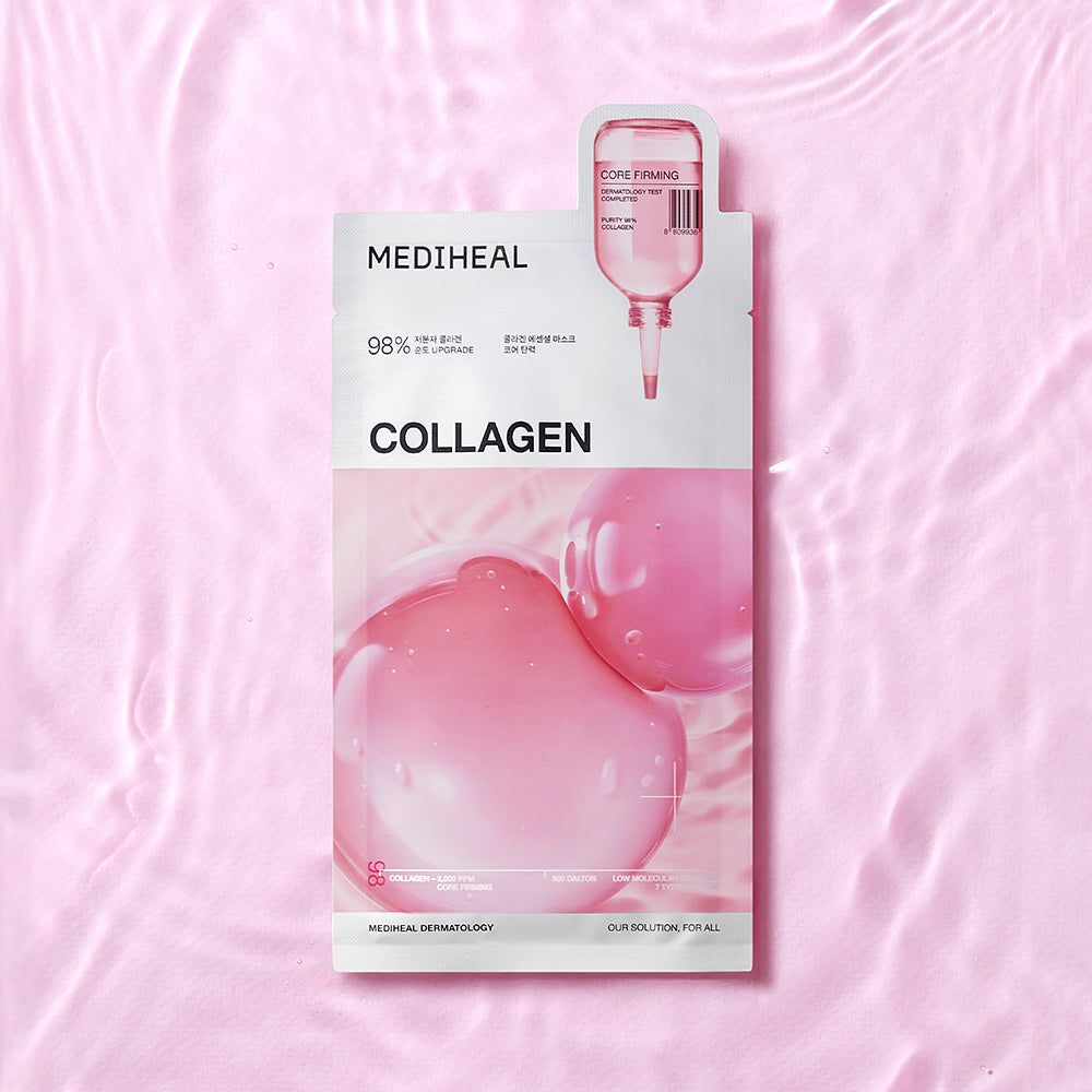 Maschera in tessuto MEDIHEAL Collagen Essential. Confezione bianca con liquido rosa. Design a contagocce.