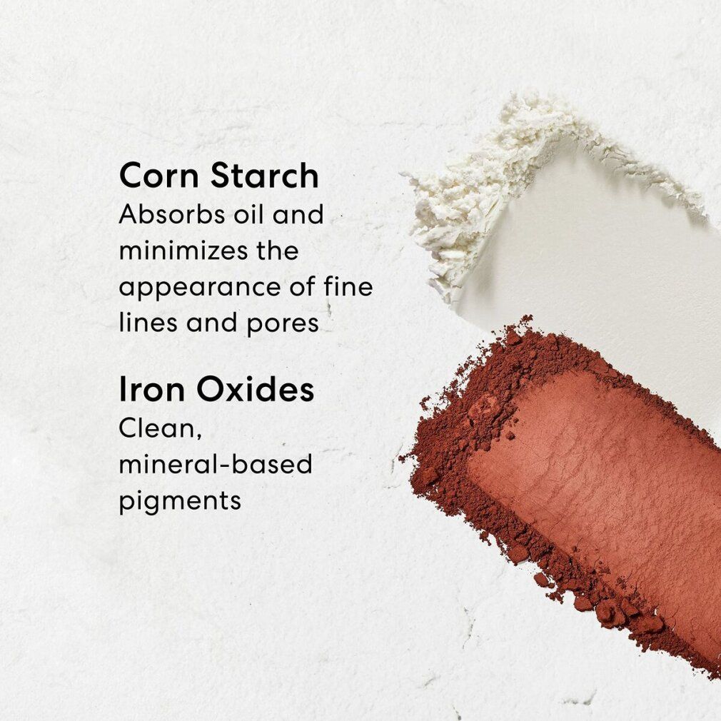 Primo piano di due campioni di polvere: amido di mais e ossidi di ferro. Testo: "Corn Starch", "Iron Oxides".