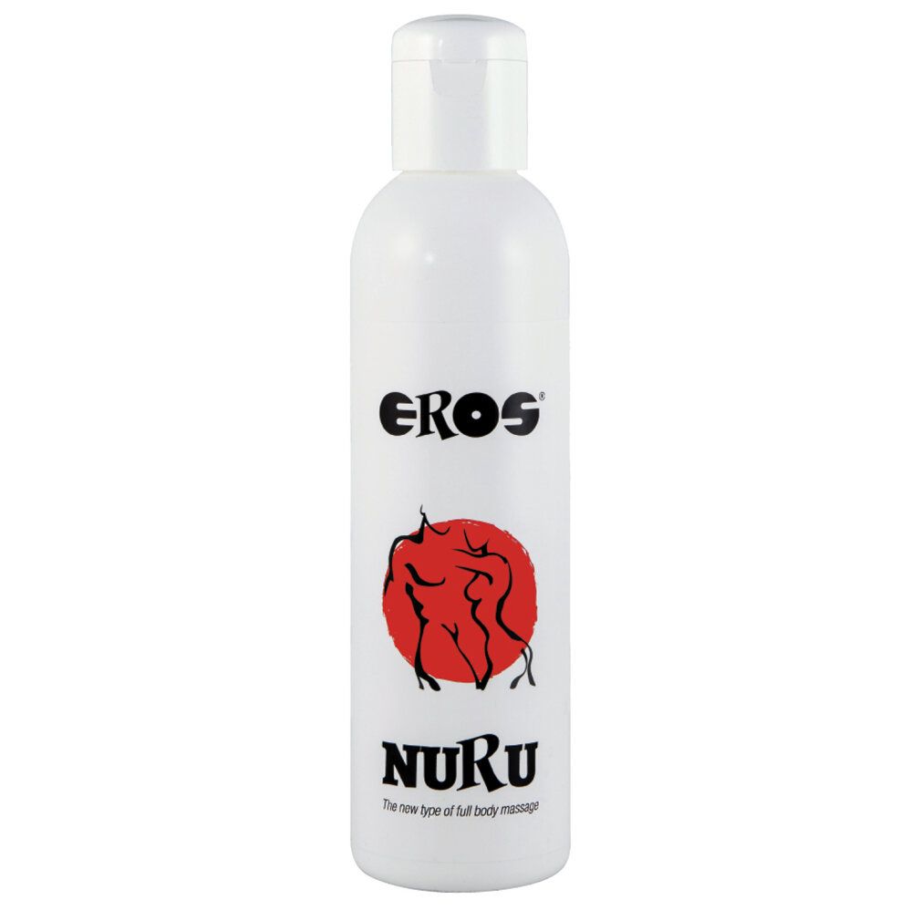 Flacone bianco con tappo a ribalta. Stampa "EROS" e "NURU" con illustrazione rossa. Testo: "The new type of full body massage".