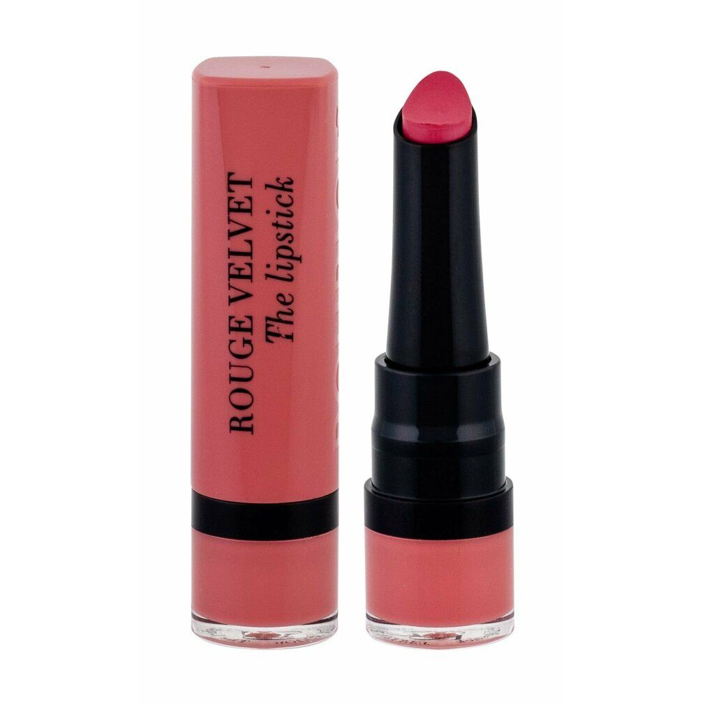 Rossetto aperto. Rossetto rosa con stelo nero. Scritta: Bourjois Rouge Velvet The lipstick.