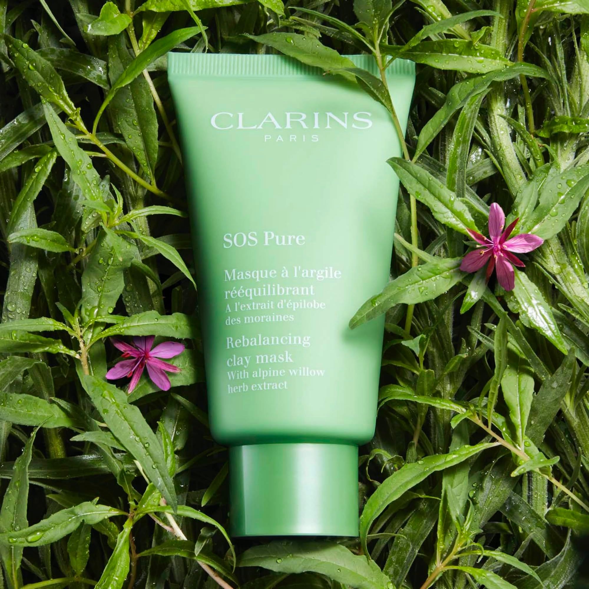Tubo verde su foglie e fiori. Marchio Clarins. Maschera SOS Pure. Testo in francese e inglese.