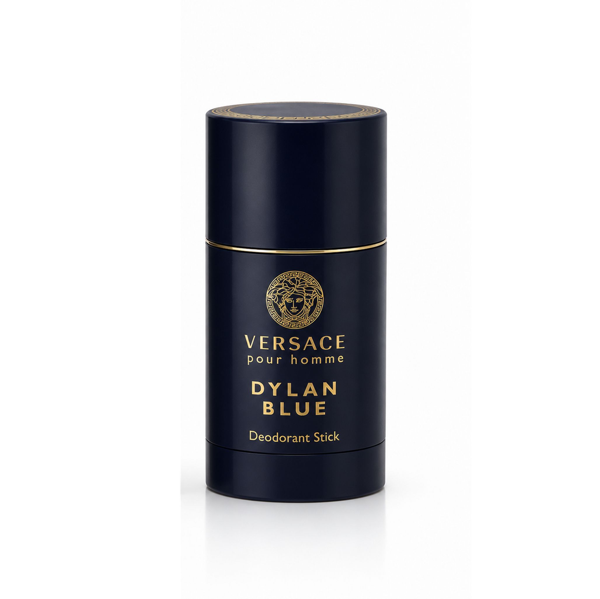 Stick deodorante Versace Dylan Blue Pour Homme, blu scuro con logo Medusa dorato e scritta.