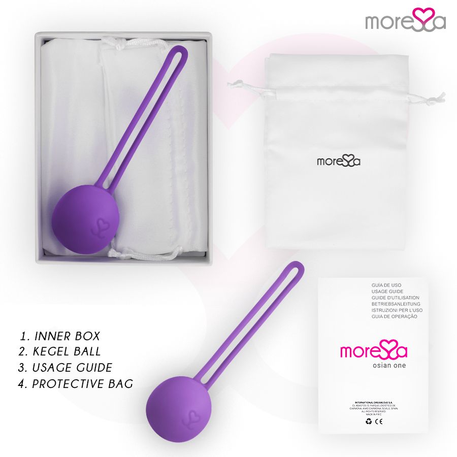 Set di prodotti con palla per esercizi di Kegel lilla, sacchetto protettivo, guida per l'uso e scatola interna. Testo: 1. INNER BOX, 2. KEGEL BALL, 3. USAGE GUIDE, 4. PROTECTIVE BAG.