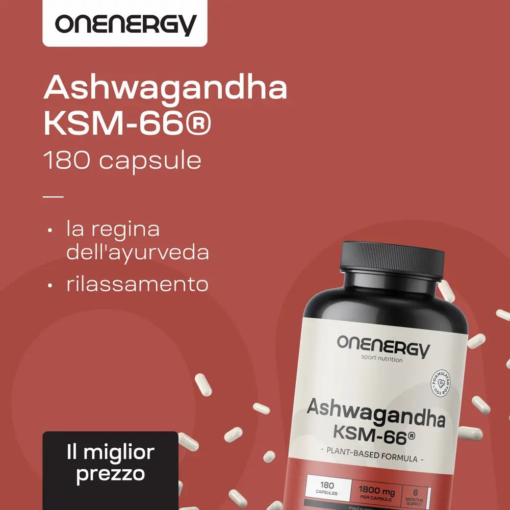 Flacone Ashwagandha KSM-66® con 180 capsule. Capsule bianche accanto. Testo: rilassamento.