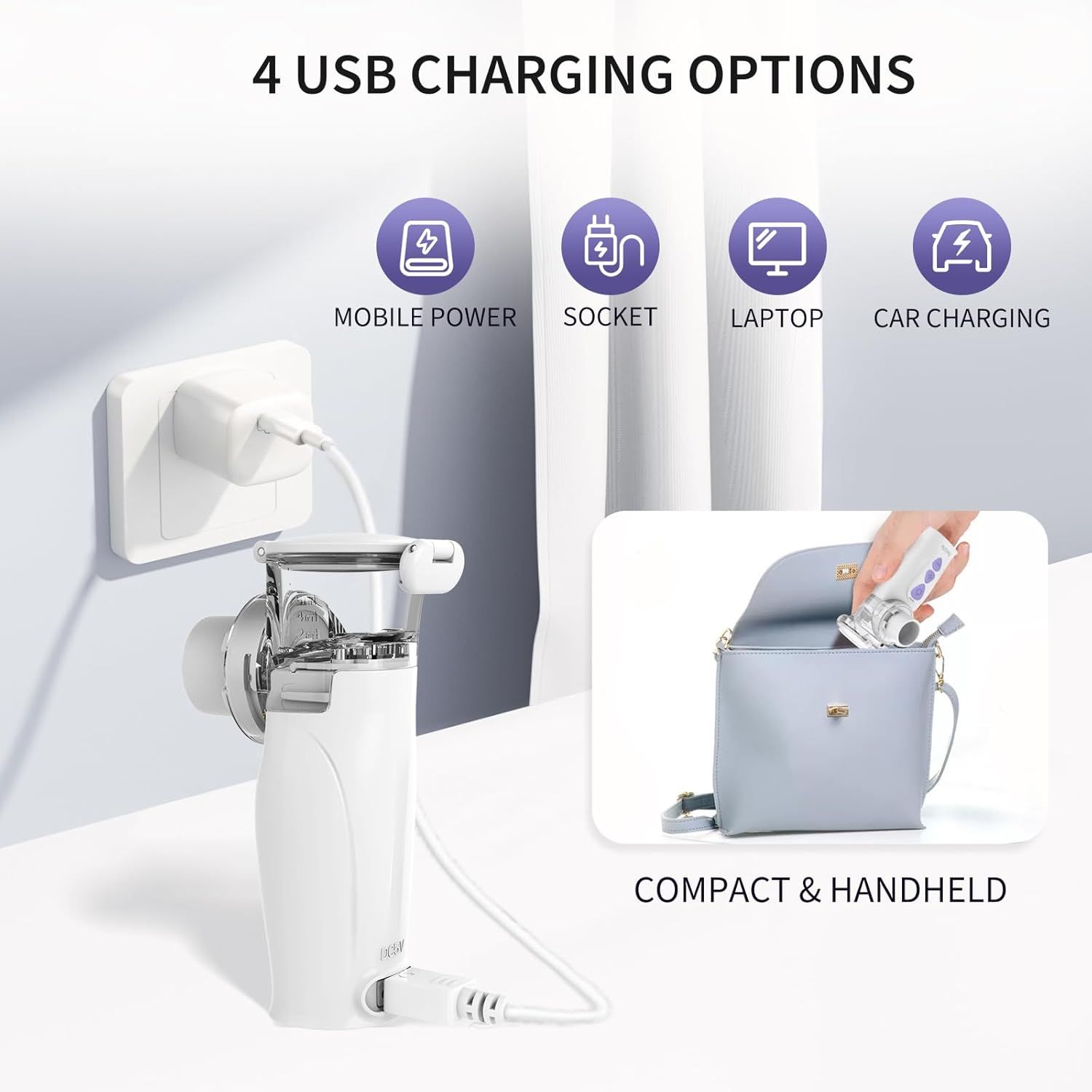 Inalatore con opzioni di ricarica USB: alimentazione mobile, presa, laptop, ricarica auto. Compatto e maneggevole.