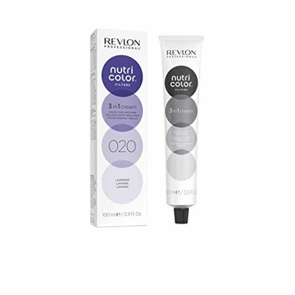Confezione e tubo Revlon Nutri Color Filters. Confezione: cerchi viola, testo. Tubo: nero, bianco, testo.