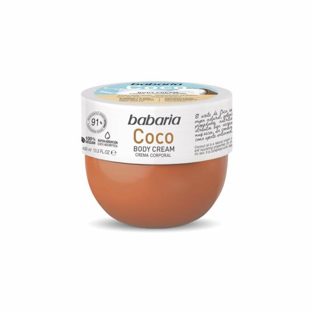 Babaria Coco Body Cream. Vasetto marrone con coperchio bianco. Sigillo vegano. Testo: Coco, Body Cream, Crema Corporal.