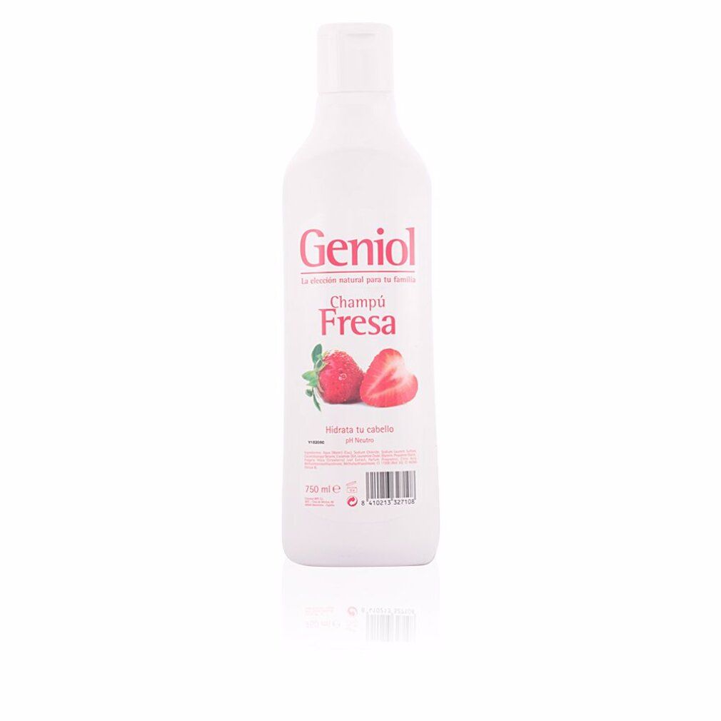 Flacone bianco con scritta rosa. Testo: Geniol Champú Fresa. Illustrazione: fragole. Codice a barre in basso.