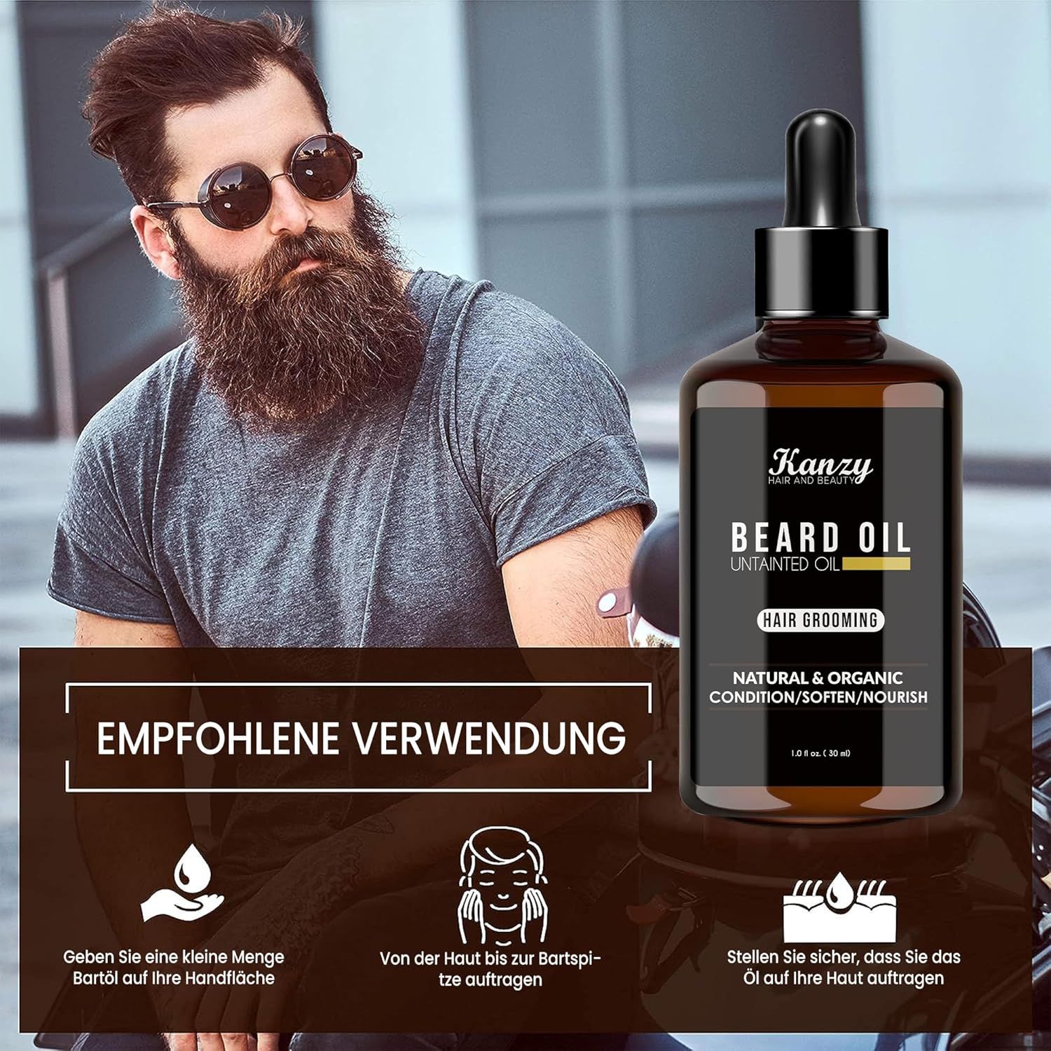 Flacone di vetro marrone con pipetta. Testo: Kanzy Beard Oil. Uso consigliato. Uomo con barba.