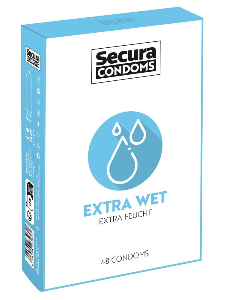 Confezione di preservativi Secura Extra Wet, 48 pezzi. Grafica con gocce blu.