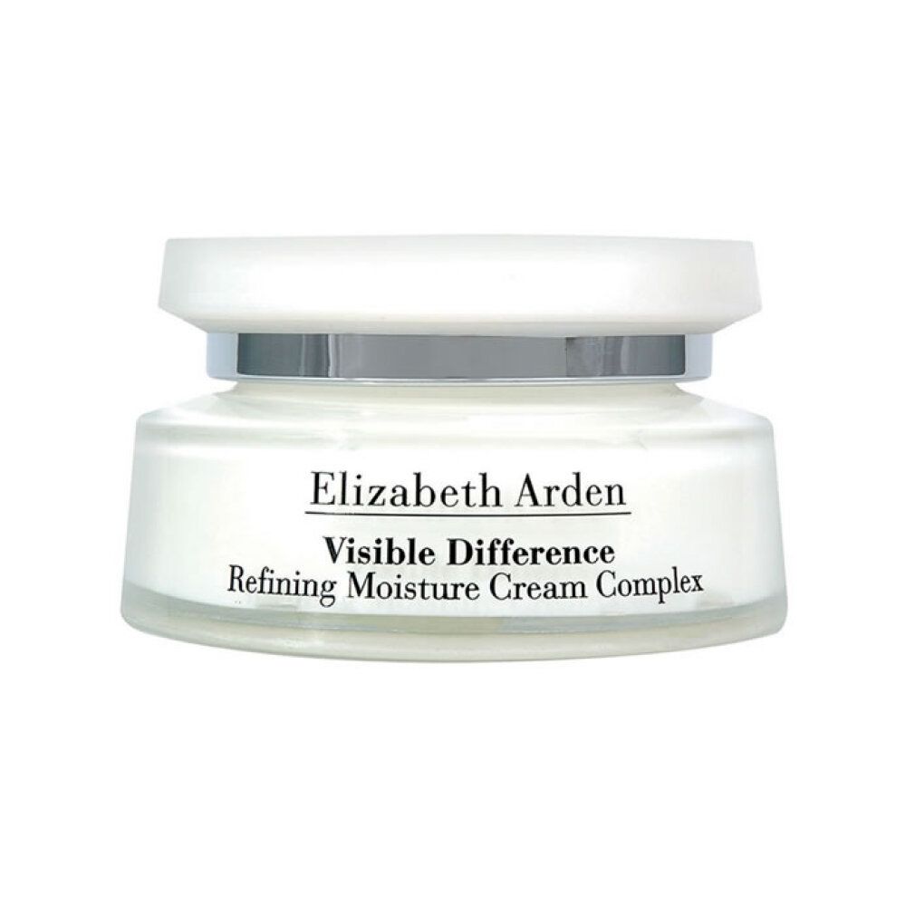 Vaso bianco con coperchio. Scritta: Elizabeth Arden Visible Difference Refining Moisture Creme Complex. Contenitore di vetro.