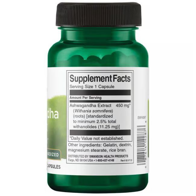 Flacone verde di Swanson Ashwagandha Extract. Retro con informazioni nutrizionali, ingredienti e dettagli del produttore.