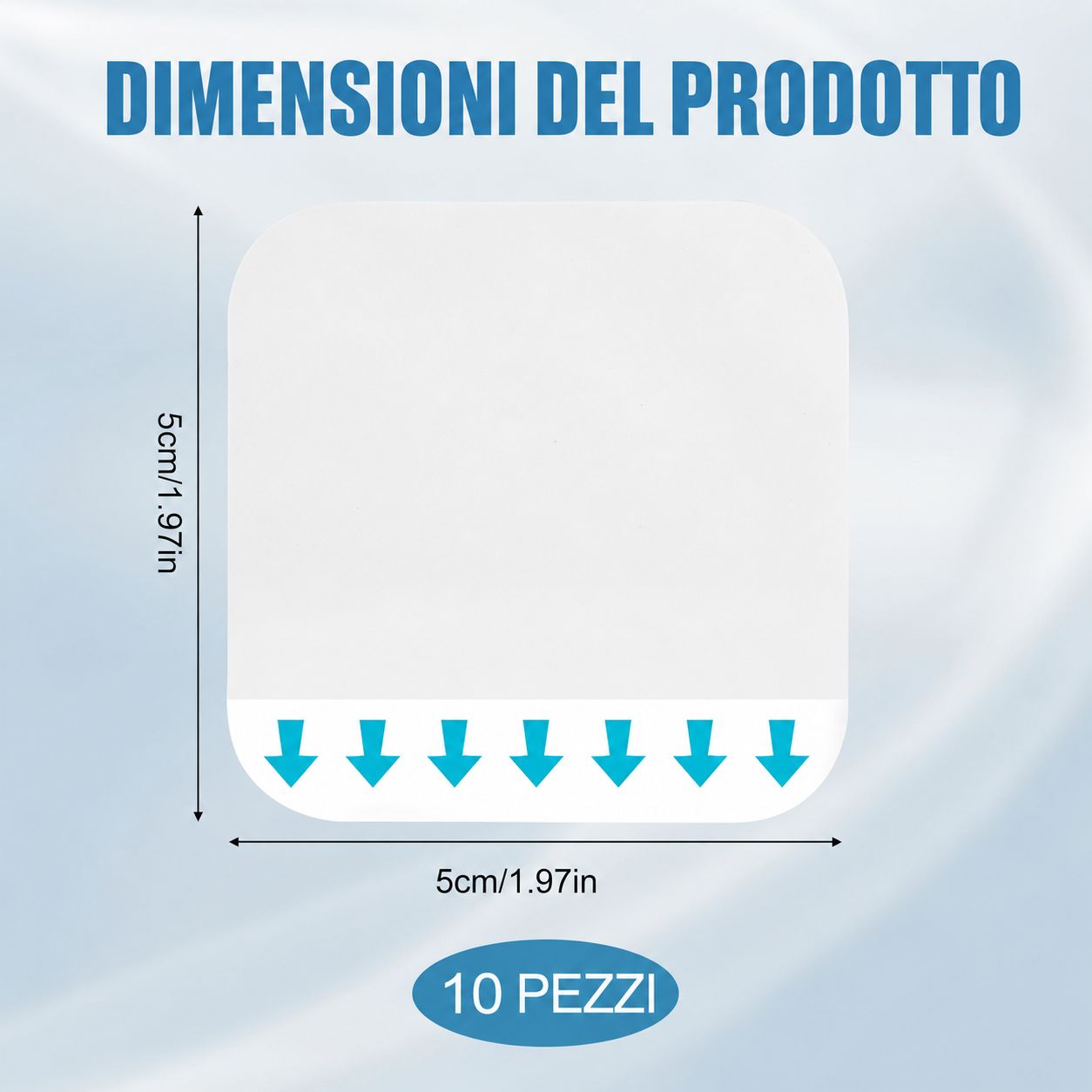 Medicazione quadrata, 5x5cm, frecce blu. 10 pezzi. Indicazione delle dimensioni del prodotto.