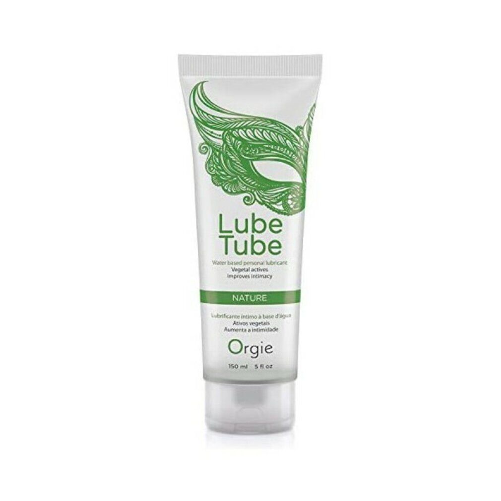 Tubo di crema con design verde e testo. Scritta: Lube Tube, Nature, Orgies. Chiusura trasparente.