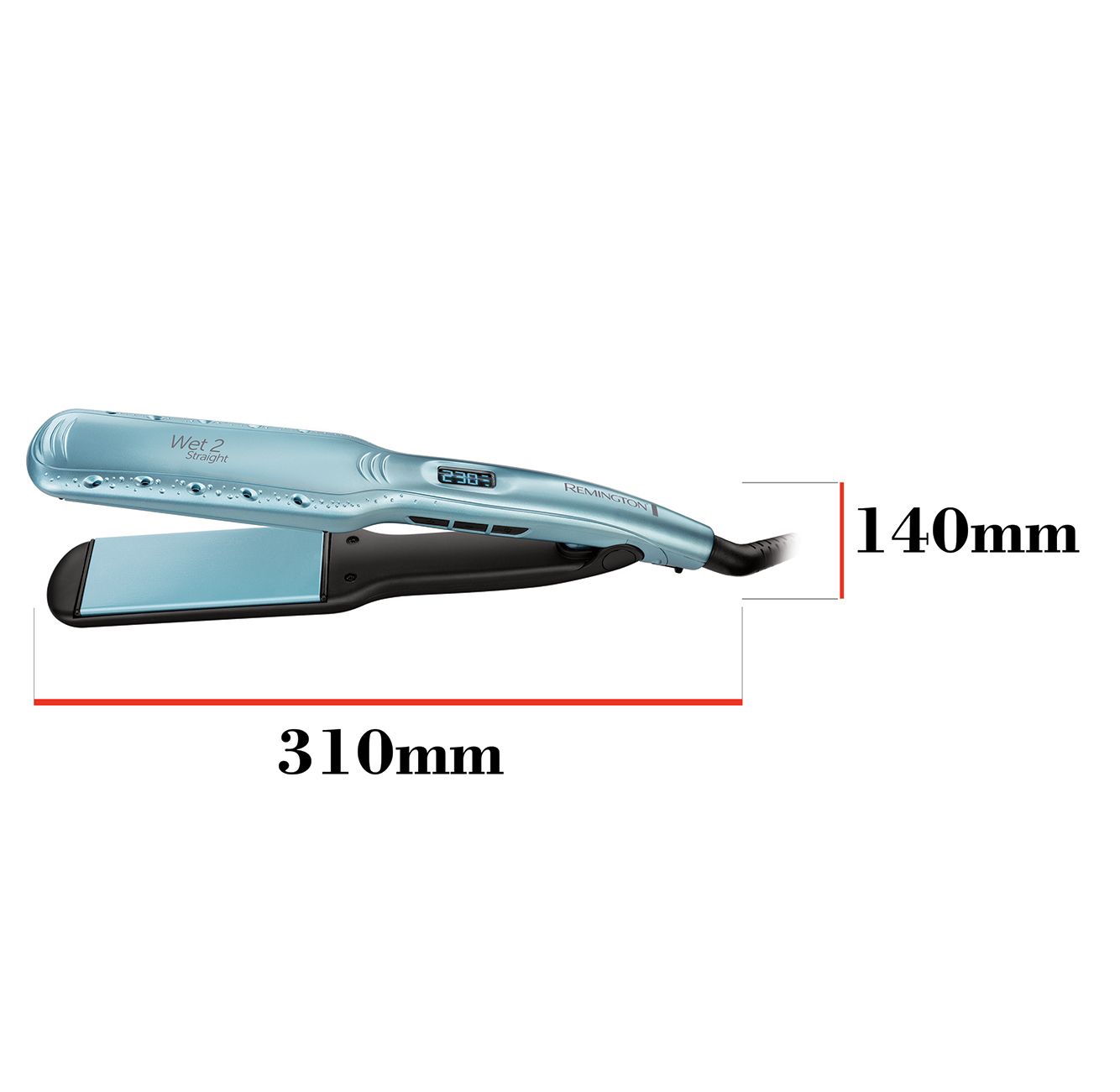 Liscia capelli azzurri, lungo 310 mm, largo 140 mm, con display digitale.