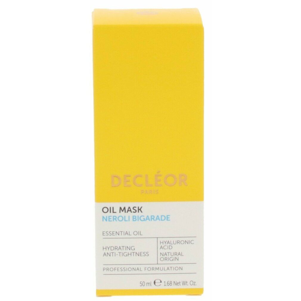 Scatola gialla con etichetta bianca. Scritta: Decleor, Oil Mask, Neroli Bigarade, 50ml.