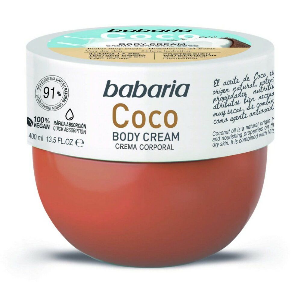 Babaria Coco Body Cream. Vasetto marrone con coperchio bianco. Sigillo vegano. Testo: Coco, Body Cream, Crema Corporal.