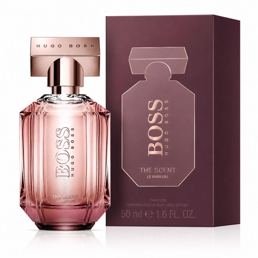Flacone e confezione del profumo Hugo Boss The Scent Le Parfum Donna in oro rosa e bordeaux.