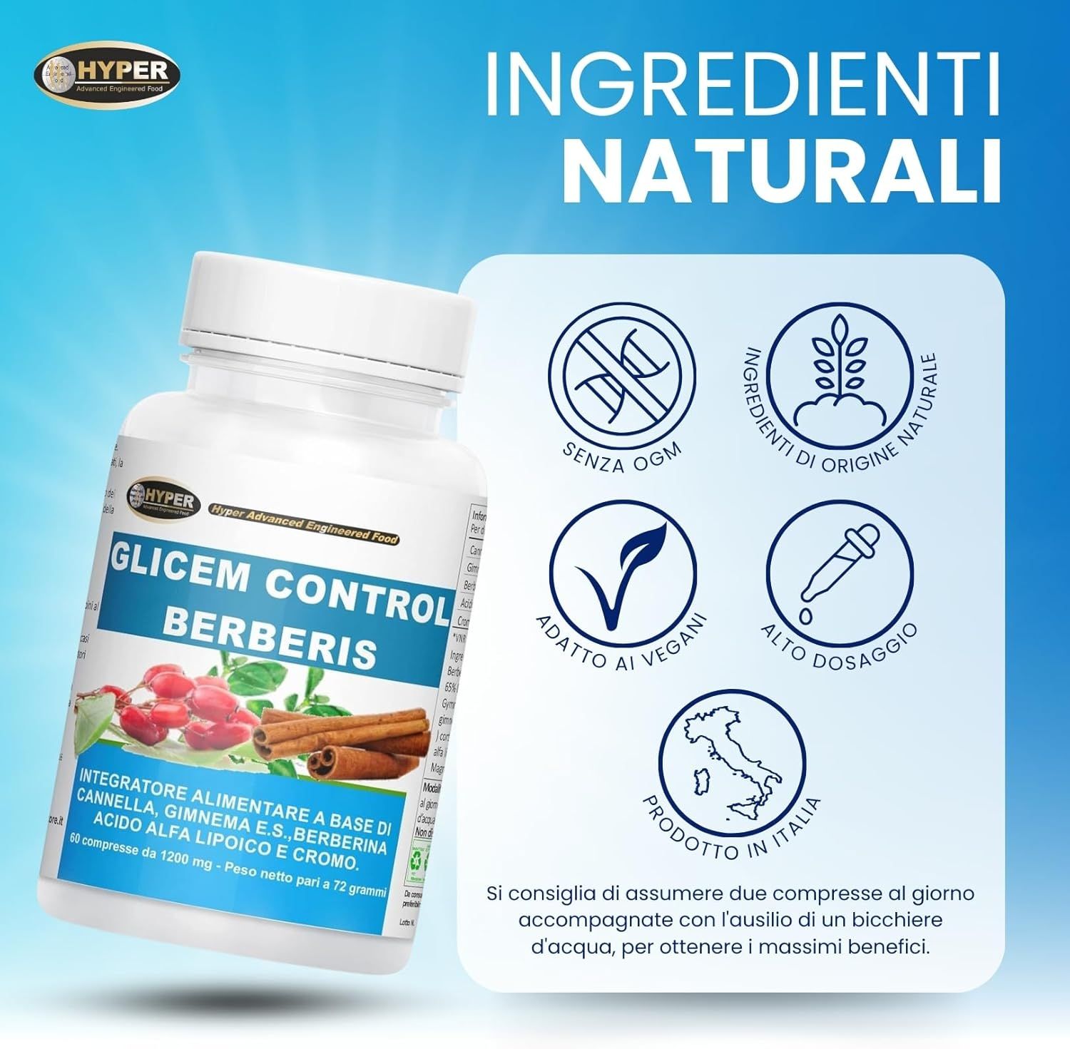 Flacone di compresse con testo: Glicem Control Berberis. Ingredienti, senza OGM, vegano, alto dosaggio, prodotto in Italia. Logo Hyper.