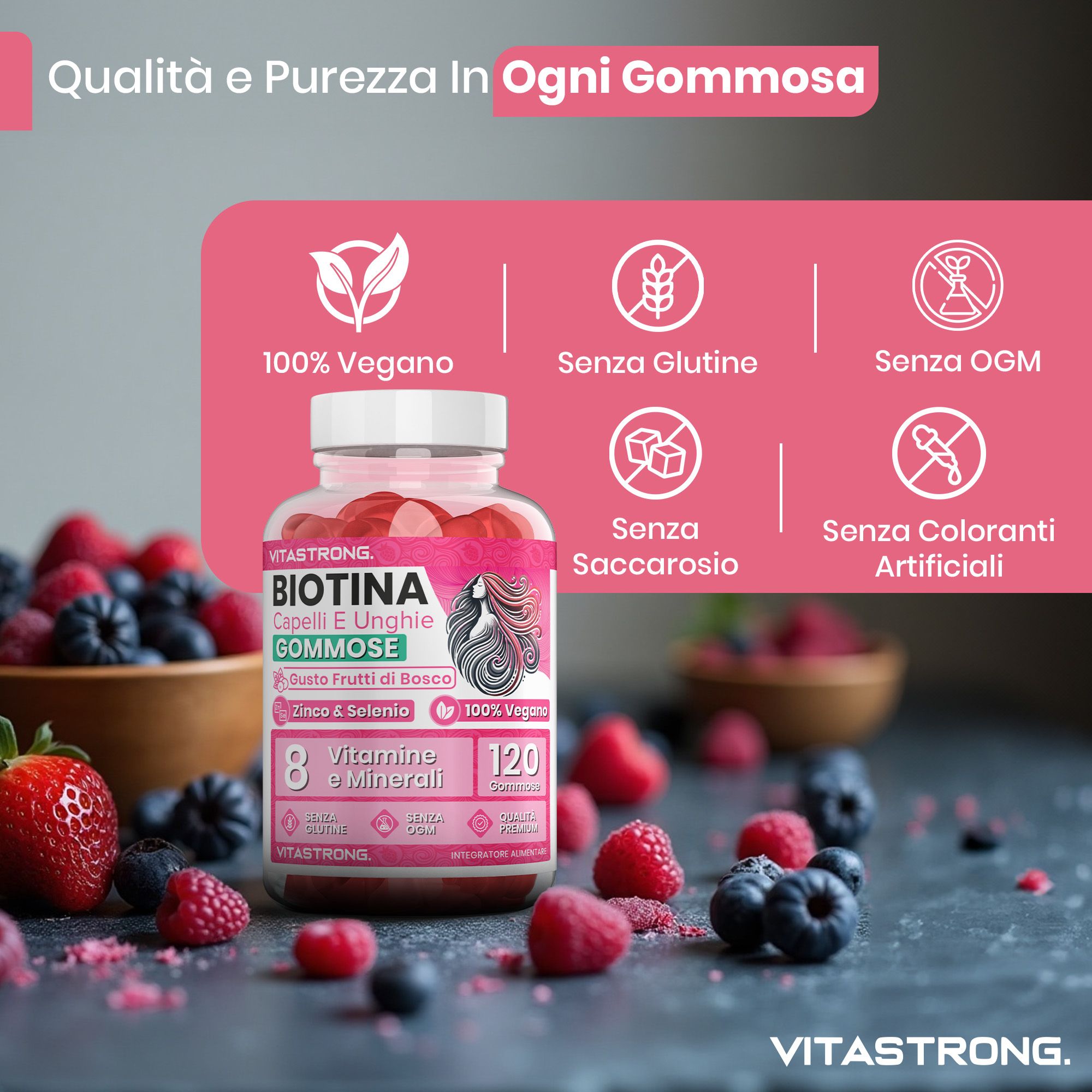 Gommosi in bottiglia. Gusto frutti di bosco. Contiene zinco, selenio e 8 vitamine. 120 gommosi. Facile da portare con sé.