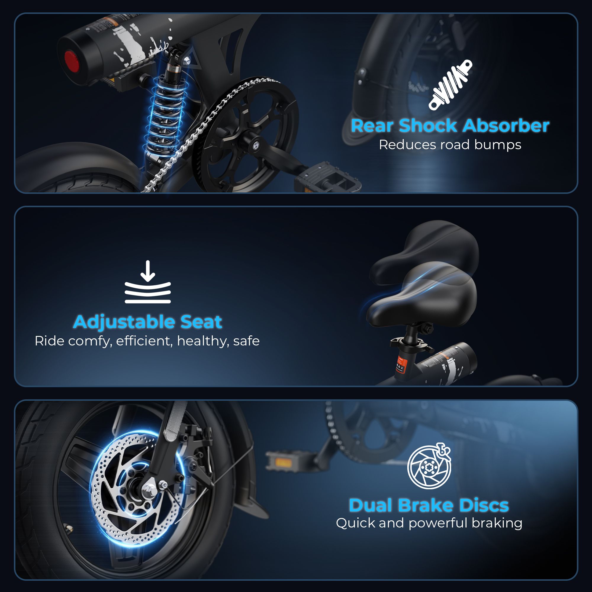 Vista dettagliata della VARUN C14-1. Sella regolabile, ammortizzatore posteriore, freni a doppio disco. Accenti blu.