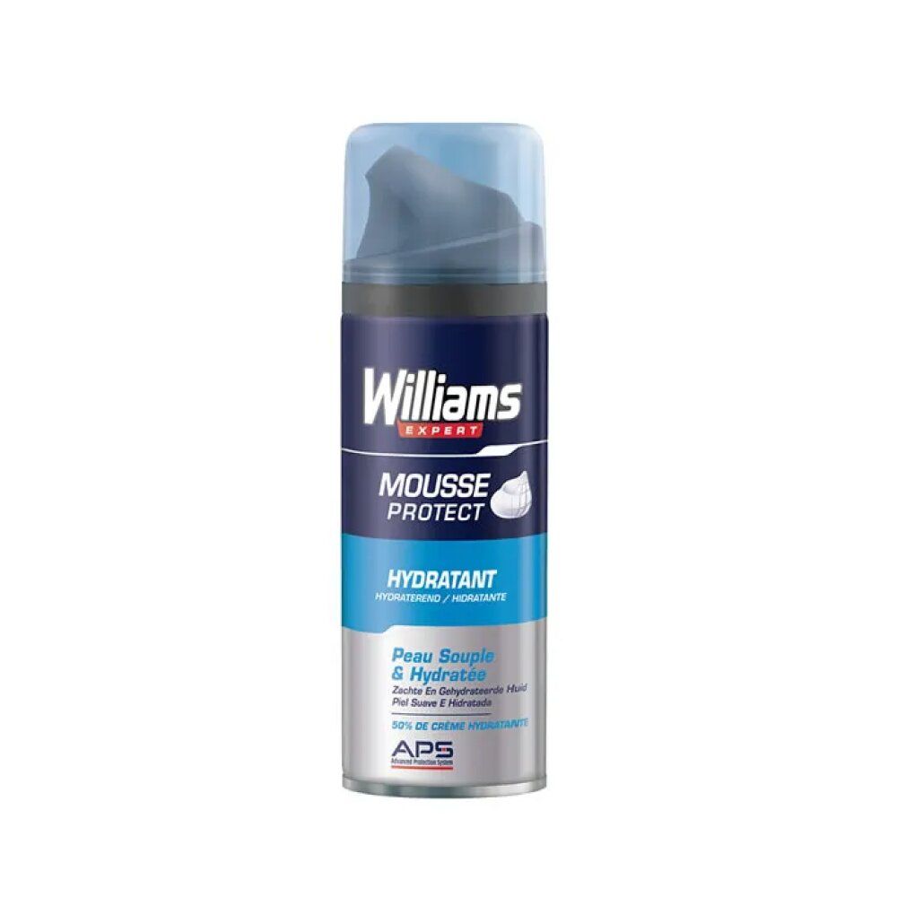 Flacone spray Williams Expert Mousse Protect Hydratant. Colore blu e argento. Scritta: Peau Souple & Hydratée.