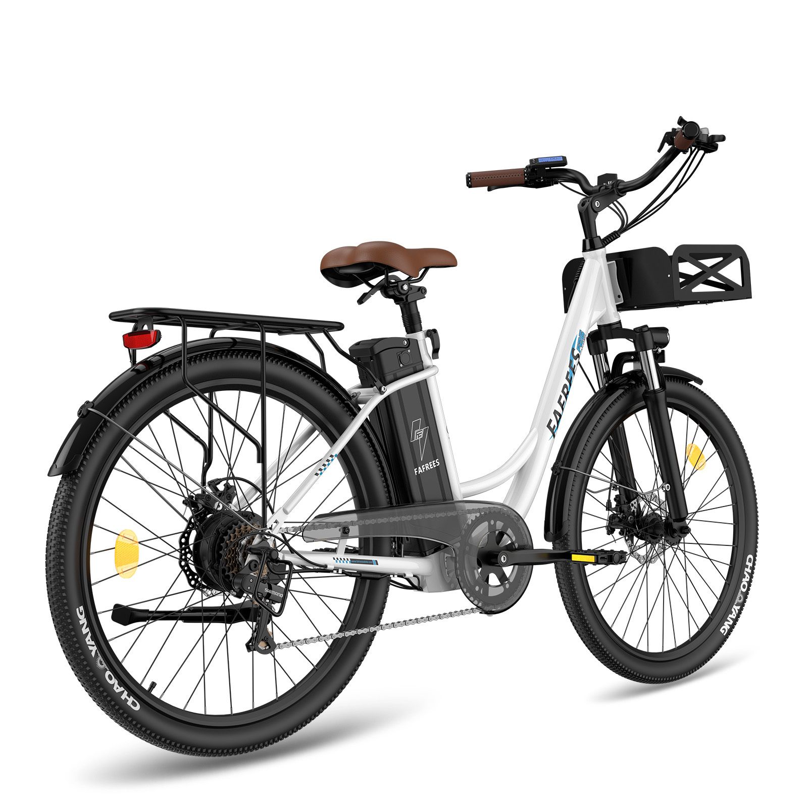 E-bike Fafrees F26 bianca, con cestino e portapacchi. Pneumatici neri, sella e manopole marroni. Batteria sul telaio.
