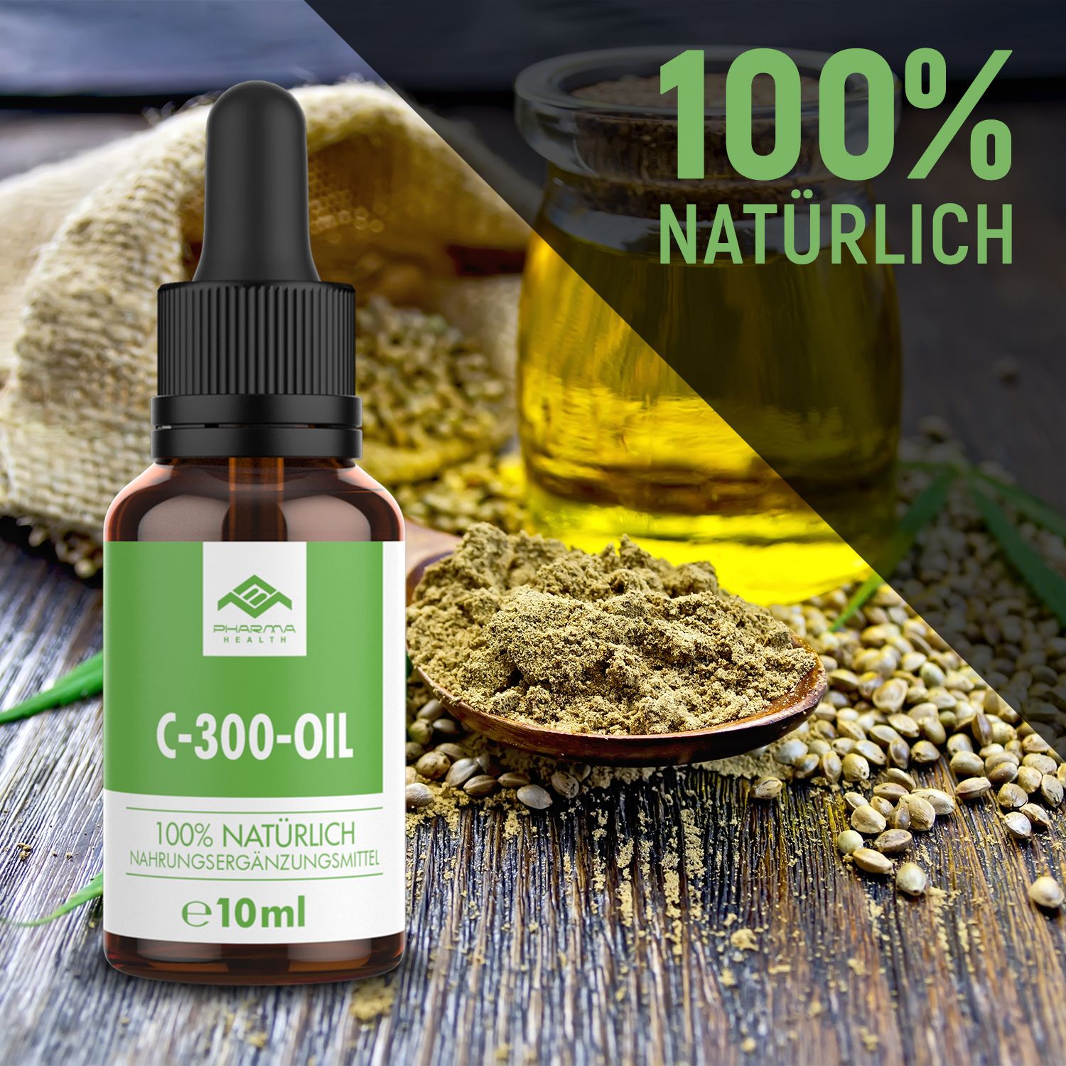 Flacone marrone con pipetta, accanto semi di canapa, olio e polvere. Etichetta "C-300-OIL" e "100% NATÜRLICH".