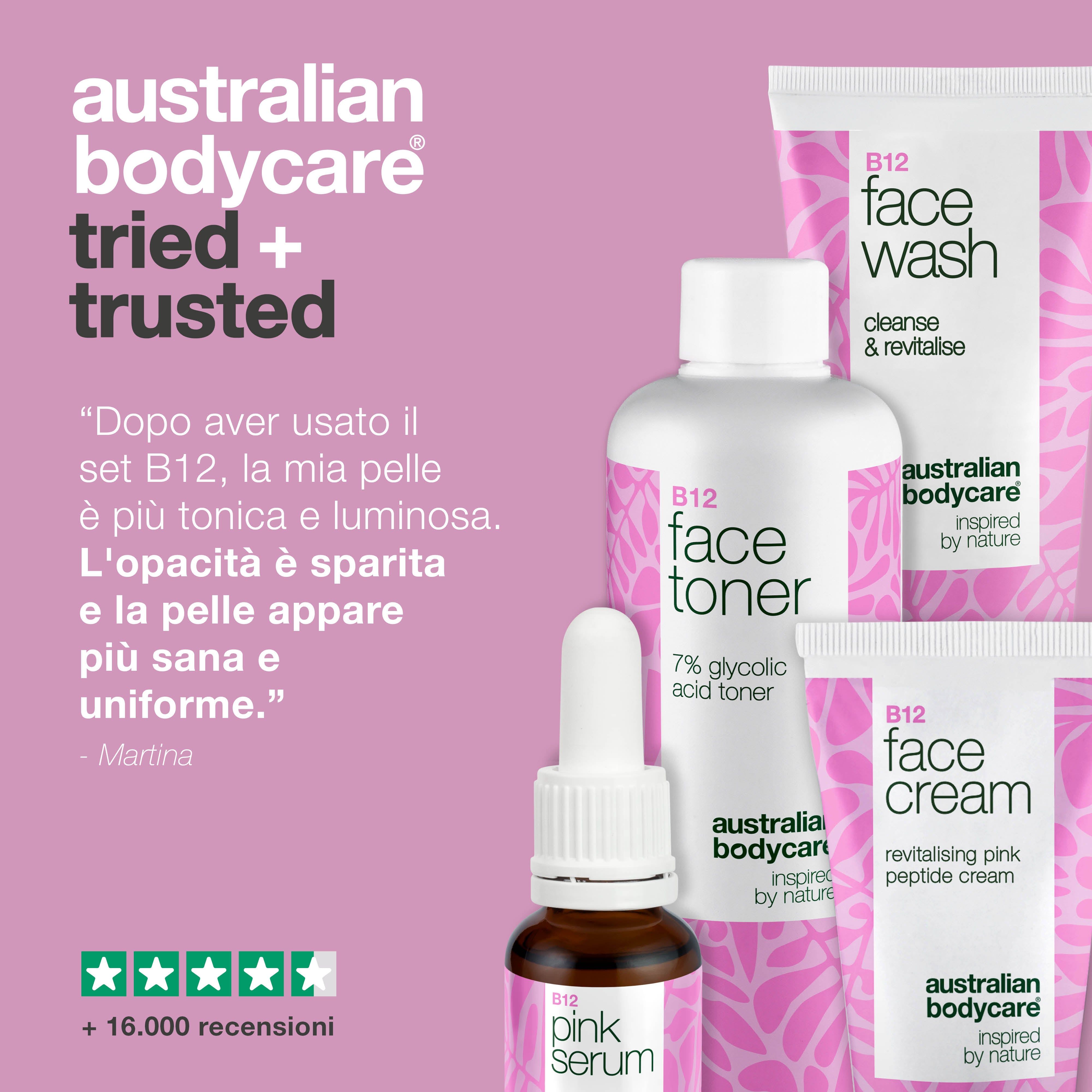 Set di prodotti: Face Wash, Toner, Crema, Siero. Testo: Provato e affidabile. Valutazione a stelle.