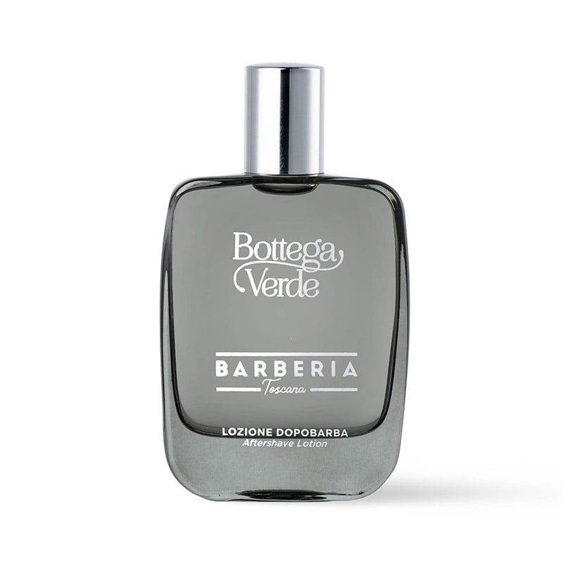 Flacone in vetro grigio con tappo argentato. Scritta: Bottega Verde Barberia Toscana Lozione dopobarba.