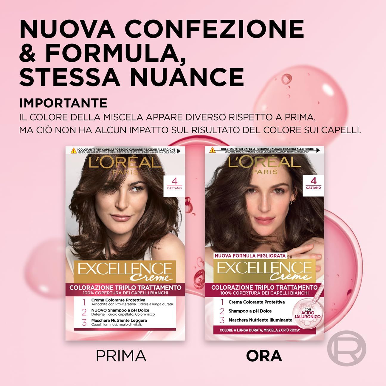 Confronto confezioni Excellence Crème. A sinistra: Prima, a destra: Dopo. Entrambe mostrano donne con colore capelli. Testo: Excellence Crème, L'Oréal Paris.