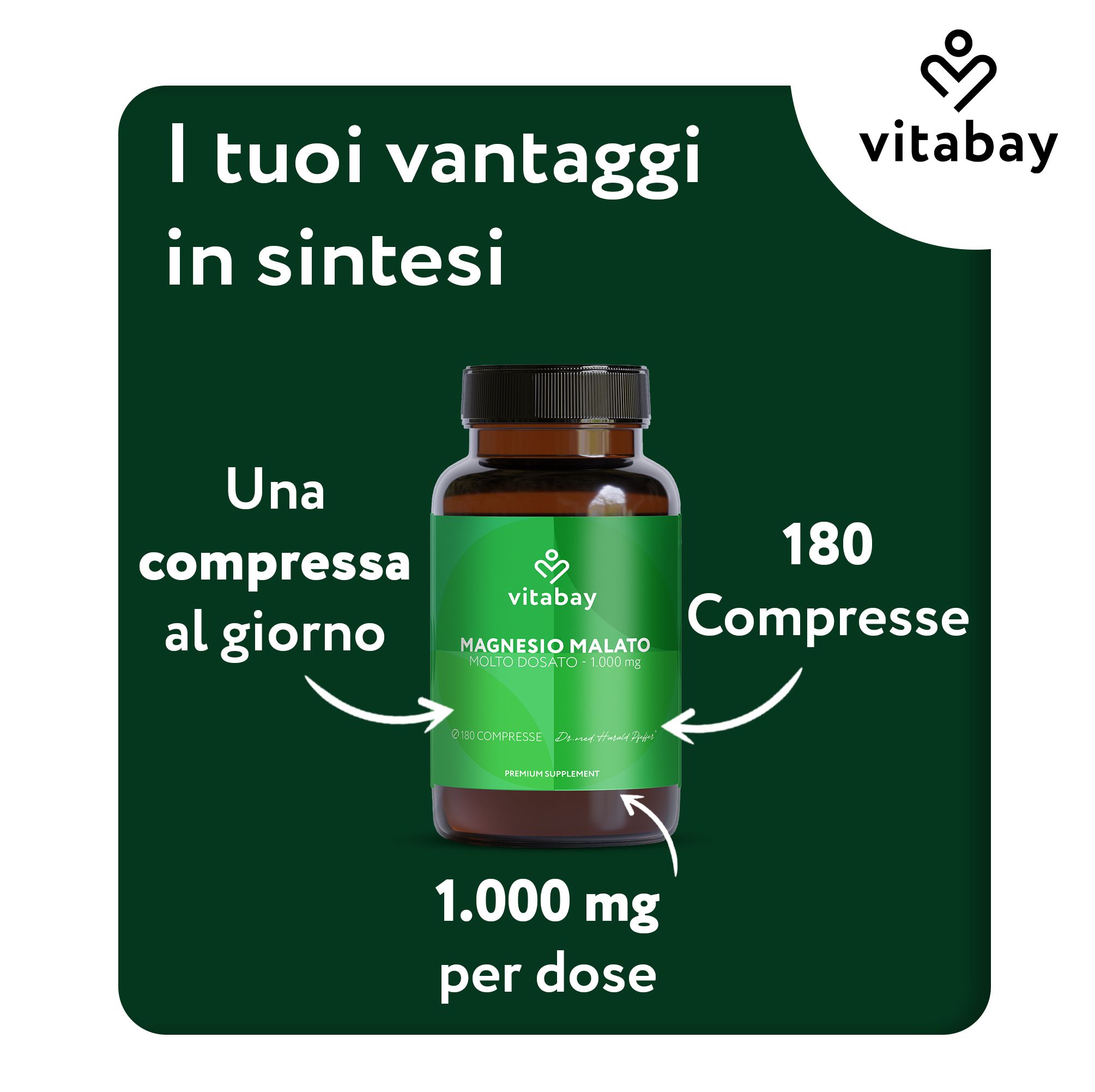 Confezione e flacone verdi con «vitabay Magnesium Malate 1000 mg». 180 compresse. Integratore premium.