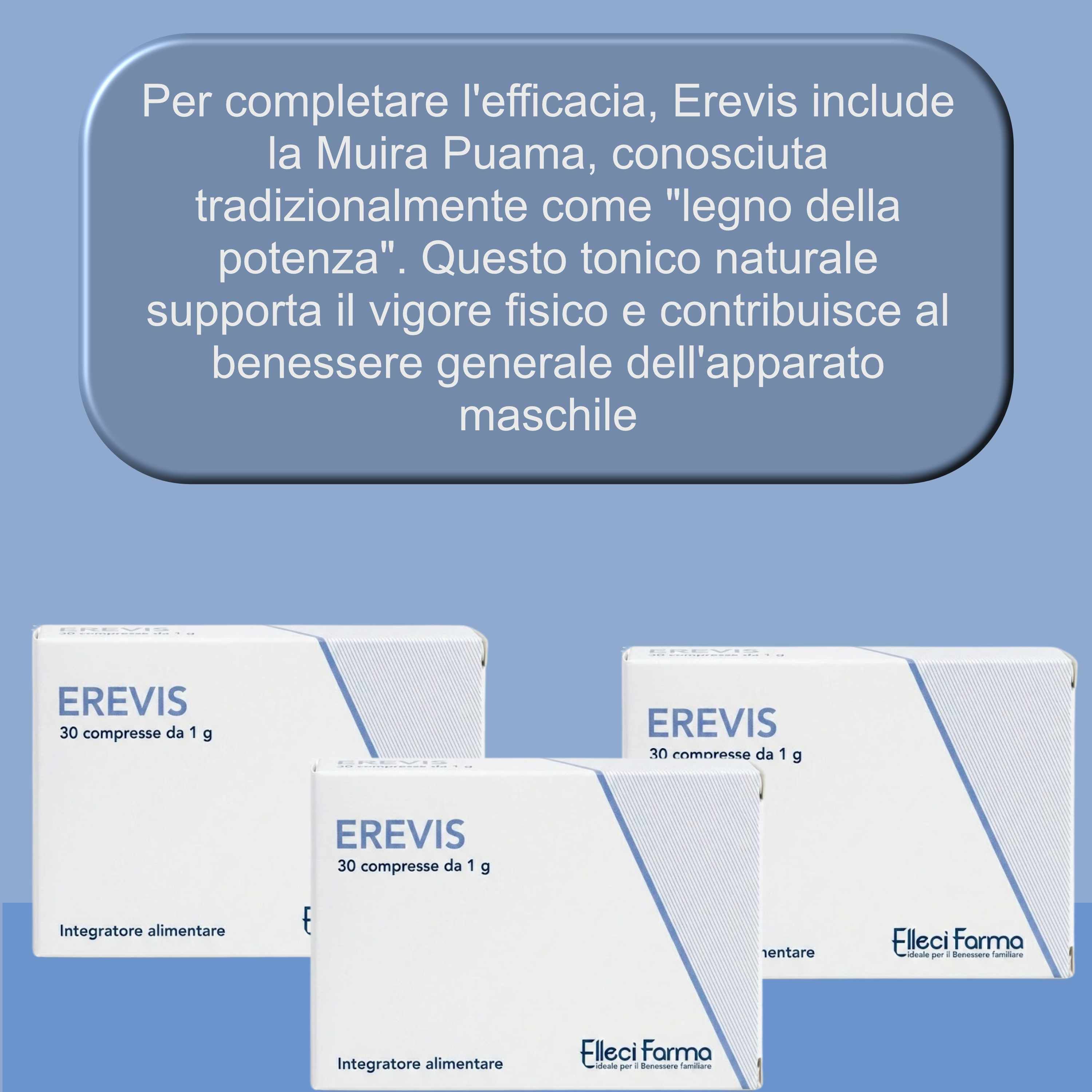 Tre scatole bianche "Erevis" con testo. Testo: "30 compresse da 1 g". Logo "Elleci Farma".