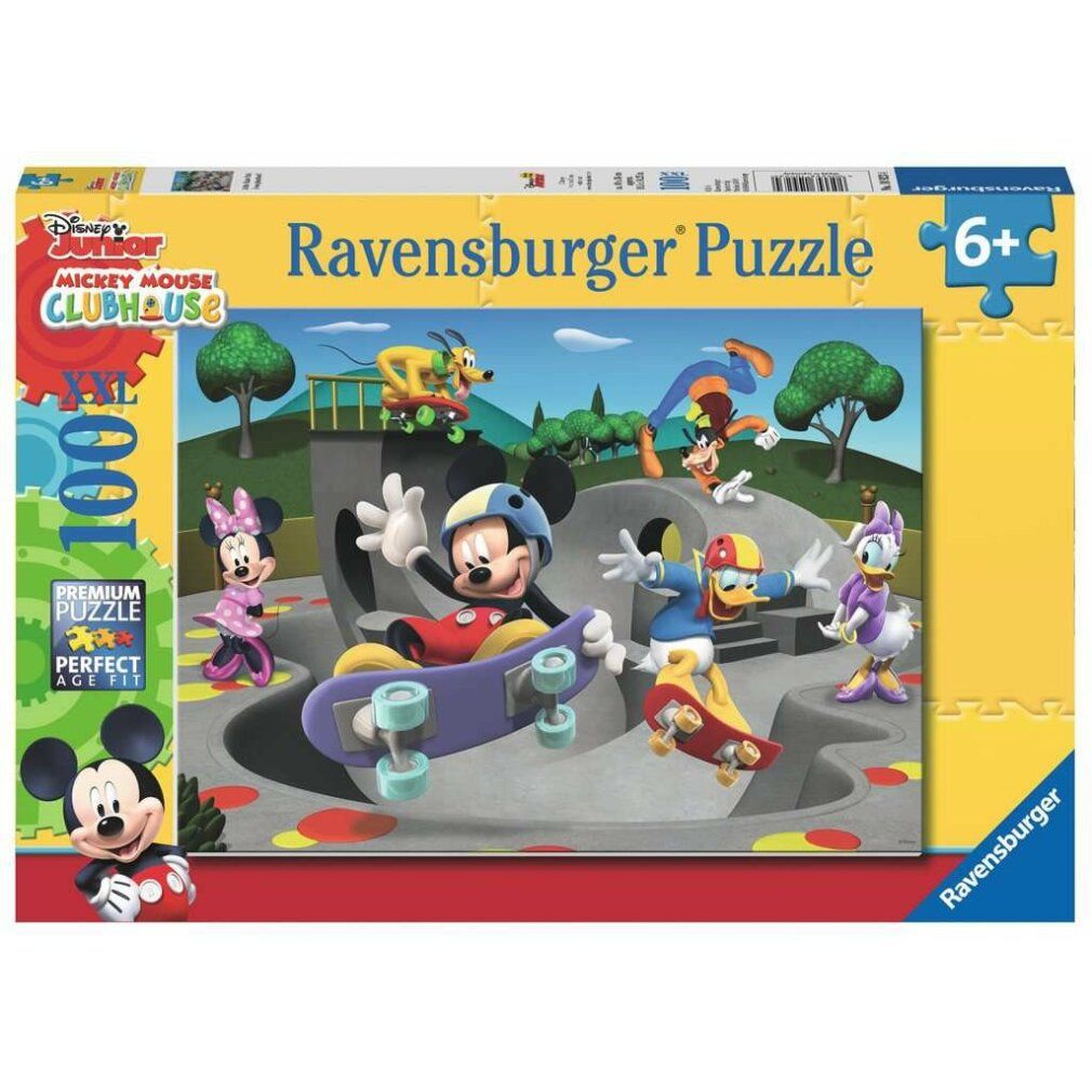 Puzzle Ravensburger, Mickey & Minnie: Im Skatepark, 100 pezzi. Confezione con motivo e logo.