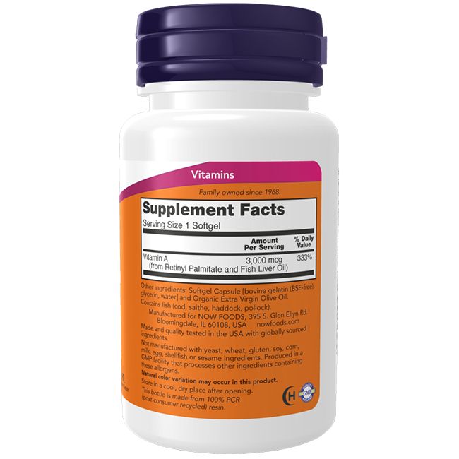 Flacone bianco con tappo viola. Etichetta con informazioni sul prodotto e nutrizionali. Marca: NOW Foods. Contiene capsule molli.